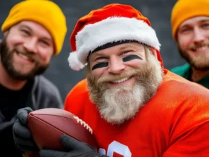 Ein fröhlicher Mann mit weißem Bart und Weihnachtsmütze trägt ein rotes Football-Trikot und hält einen Football in der Hand. Er lächelt in die Kamera, während zwei weitere Männer mit gelben Mützen im Hintergrund grinsen. Die Szene verbindet Sport und weihnachtliche Stimmung.